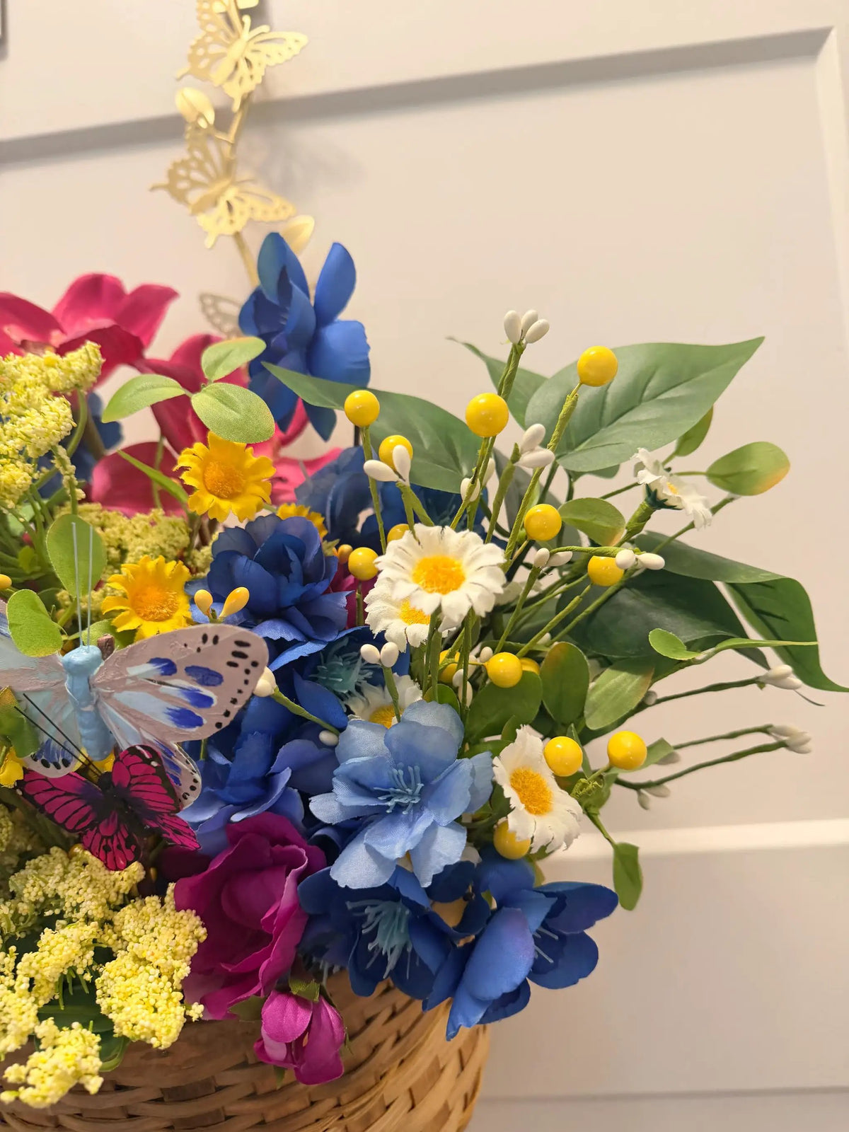 Handmade Silk Flower Door Basket Arrangement | Blue Magenta Yellow Spring Summer Wreath Alternative