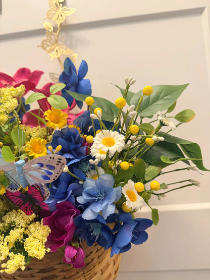 Handmade Silk Flower Door Basket Arrangement | Blue Magenta Yellow Spring Summer Wreath Alternative