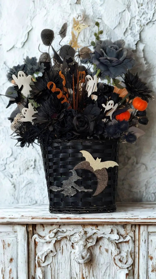 Gothic Halloween Door Basket Arrangement — Black & Dusty Blue