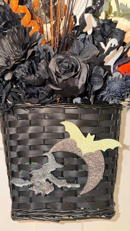 Gothic Halloween Door Basket Arrangement — Black & Dusty Blue