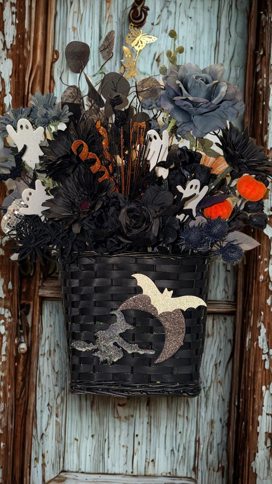 Gothic Halloween Door Basket Arrangement — Black & Dusty Blue