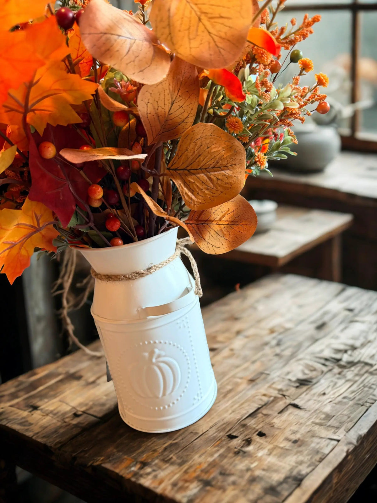 Fall Floral Arrangement in Cream Pumpkin Milk Can Vase