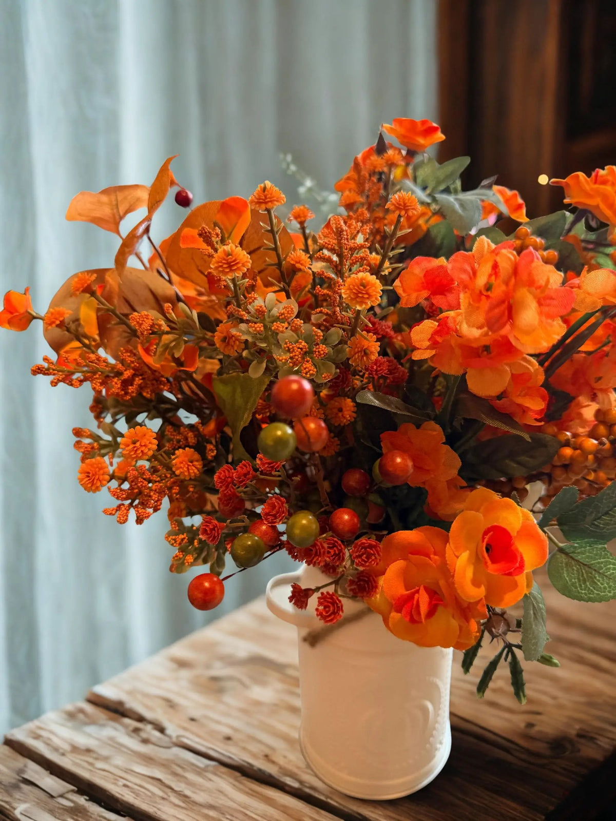 Fall Floral Arrangement in Cream Pumpkin Milk Can Vase