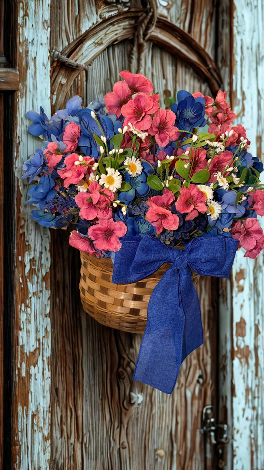 Spring Wildflower Door Basket — Blue & Pink Floral