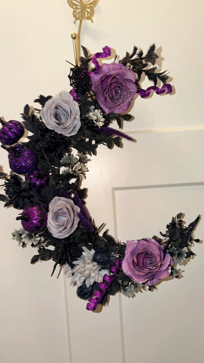 Purple & Black Crescent Moon Halloween Wreath