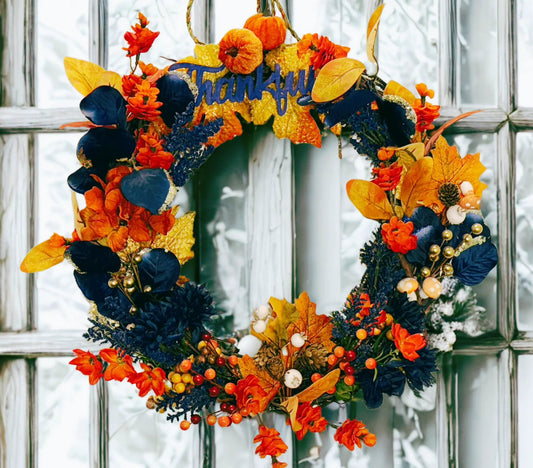 Thankful Fall Wreath — Navy & Orange Grapevine