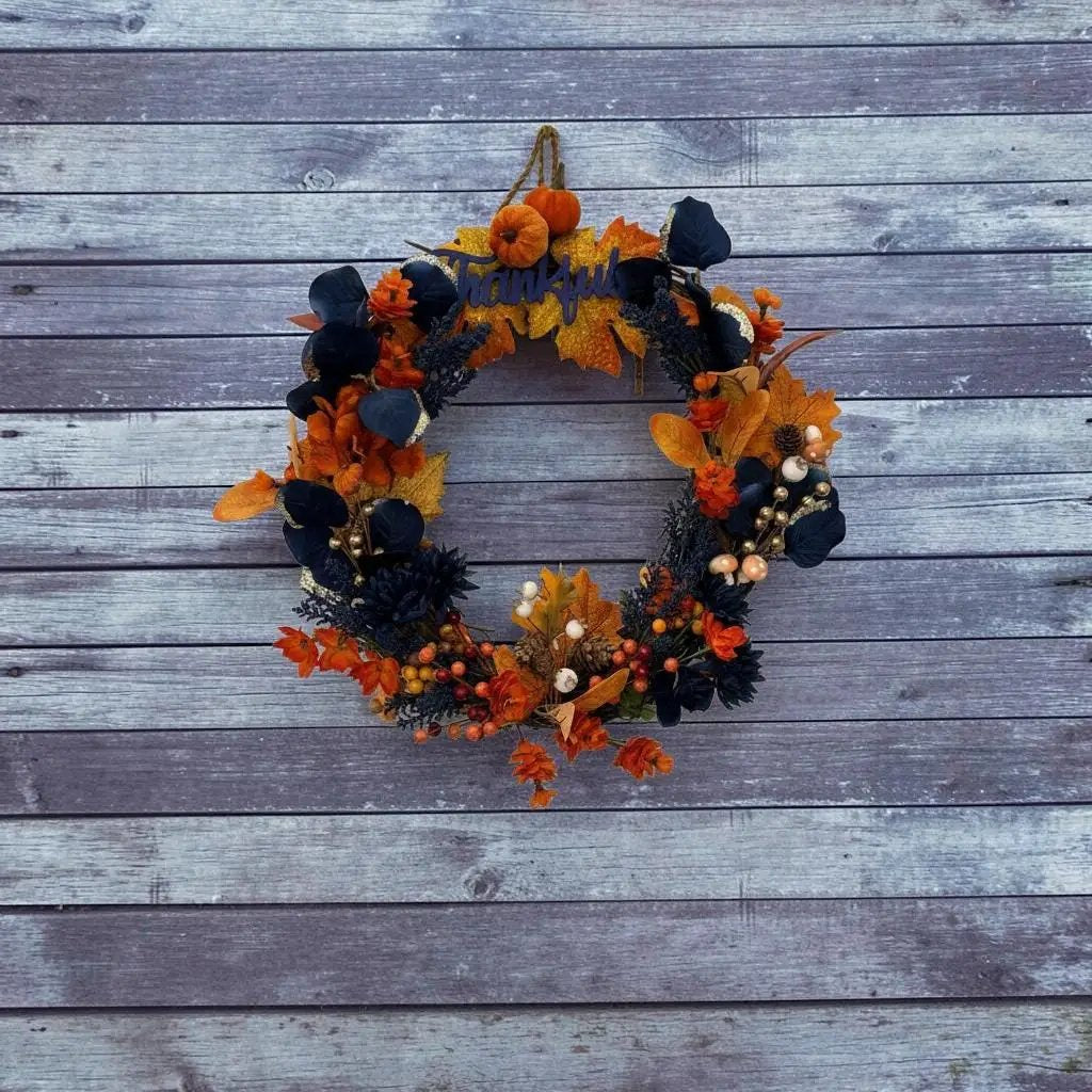 Thankful Fall Wreath — Navy & Orange Grapevine