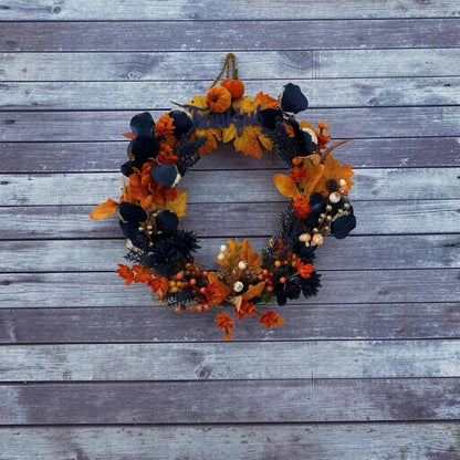 Thankful Fall Wreath — Navy & Orange Grapevine