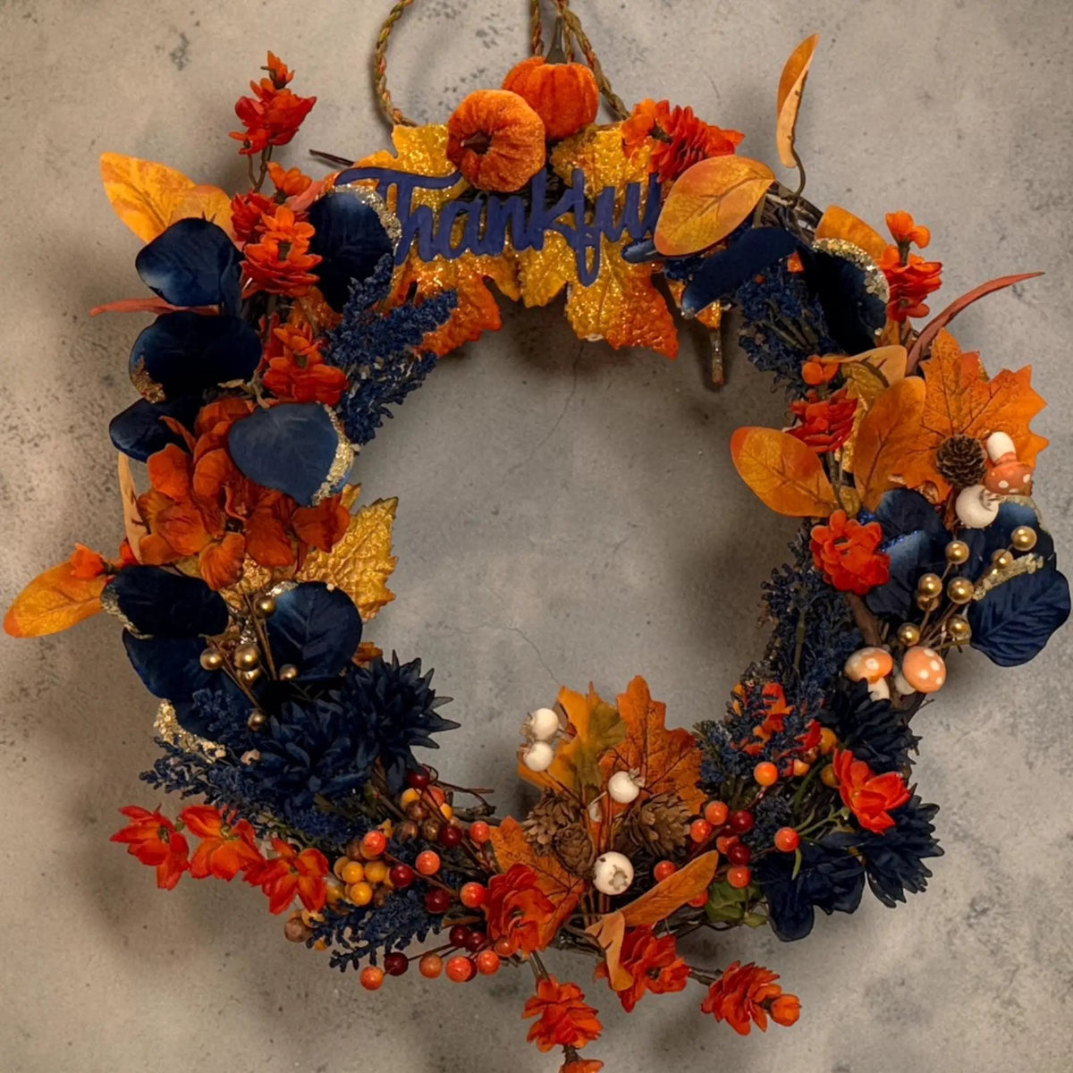 Thankful Fall Wreath — Navy & Orange Grapevine