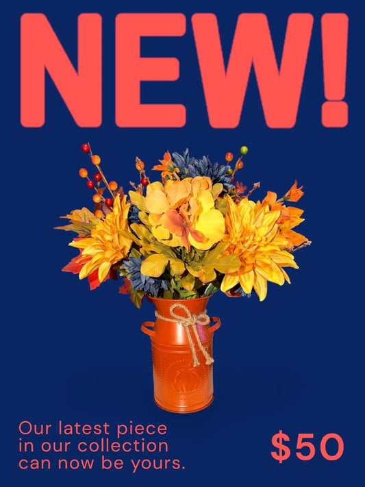 Fall Floral Arrangement in Orange Pumpkin Milk Can Vase
