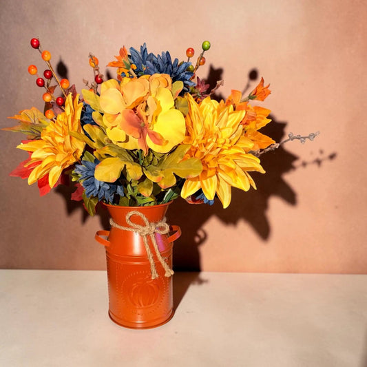 Fall Floral Arrangement in Orange Pumpkin Milk Can Vase