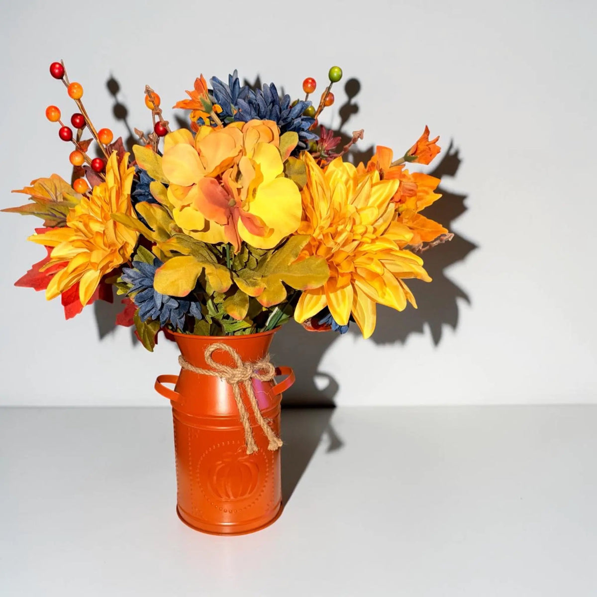 Fall Floral Arrangement in Orange Pumpkin Milk Can Vase