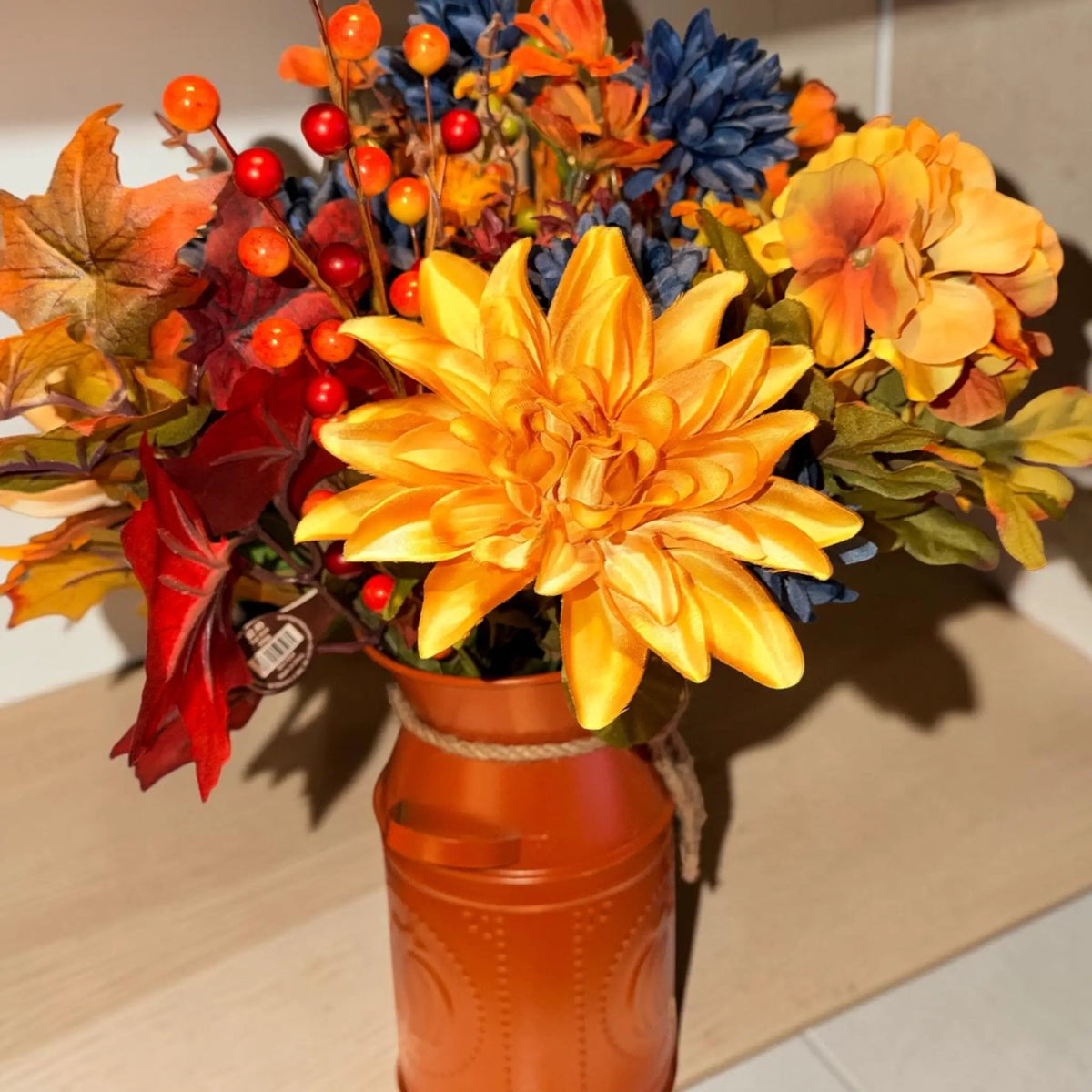 Fall Floral Arrangement in Orange Pumpkin Milk Can Vase