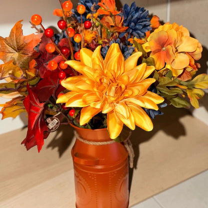 Fall Floral Arrangement in Orange Pumpkin Milk Can Vase