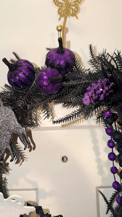 Limited Edition Spooky Halloween Wreath — Black, Purple & Skeleton Accents