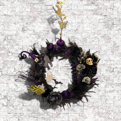 Limited Edition Spooky Halloween Wreath — Black, Purple & Skeleton Accents