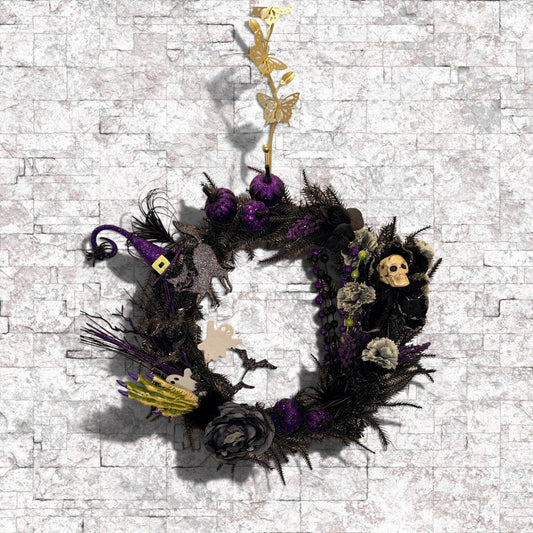 Limited Edition Spooky Halloween Wreath — Black, Purple & Skeleton Accents