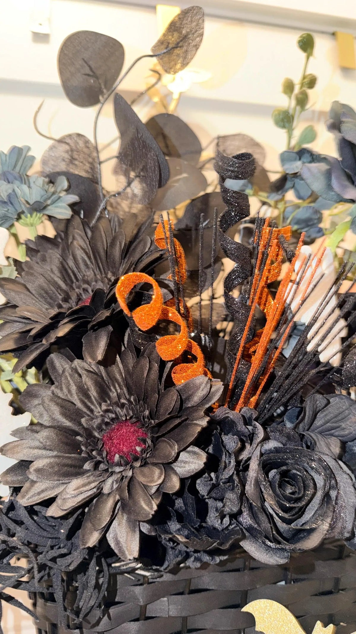 Gothic Halloween Door Basket Arrangement — Black & Dusty Blue