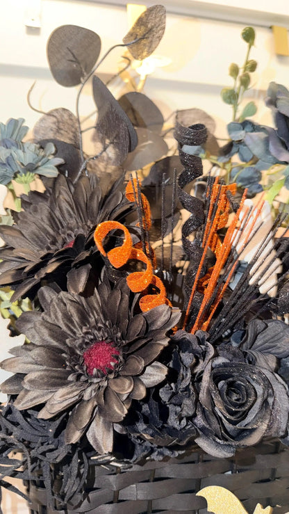 Gothic Halloween Door Basket Arrangement — Black & Dusty Blue