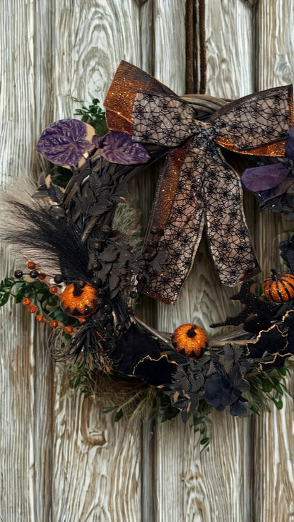 Gothic Halloween Wreath — Black, Purple & Orange Glitter