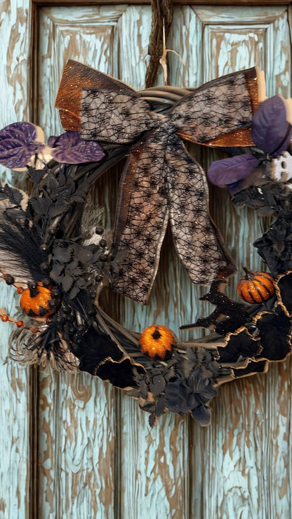Gothic Halloween Wreath — Black, Purple & Orange Glitter