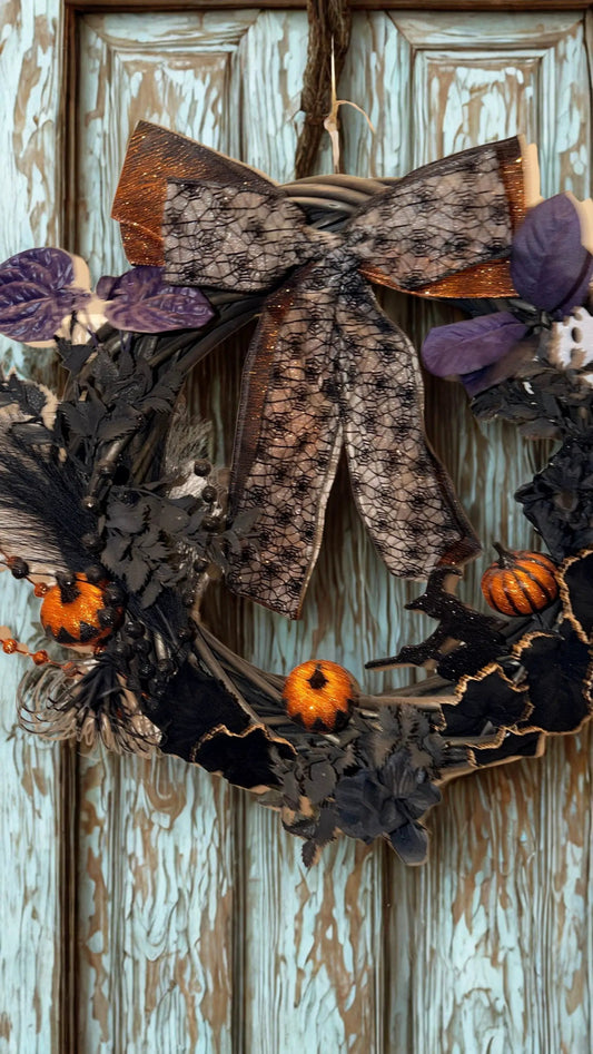 Gothic Halloween Wreath — Black, Purple & Orange Glitter