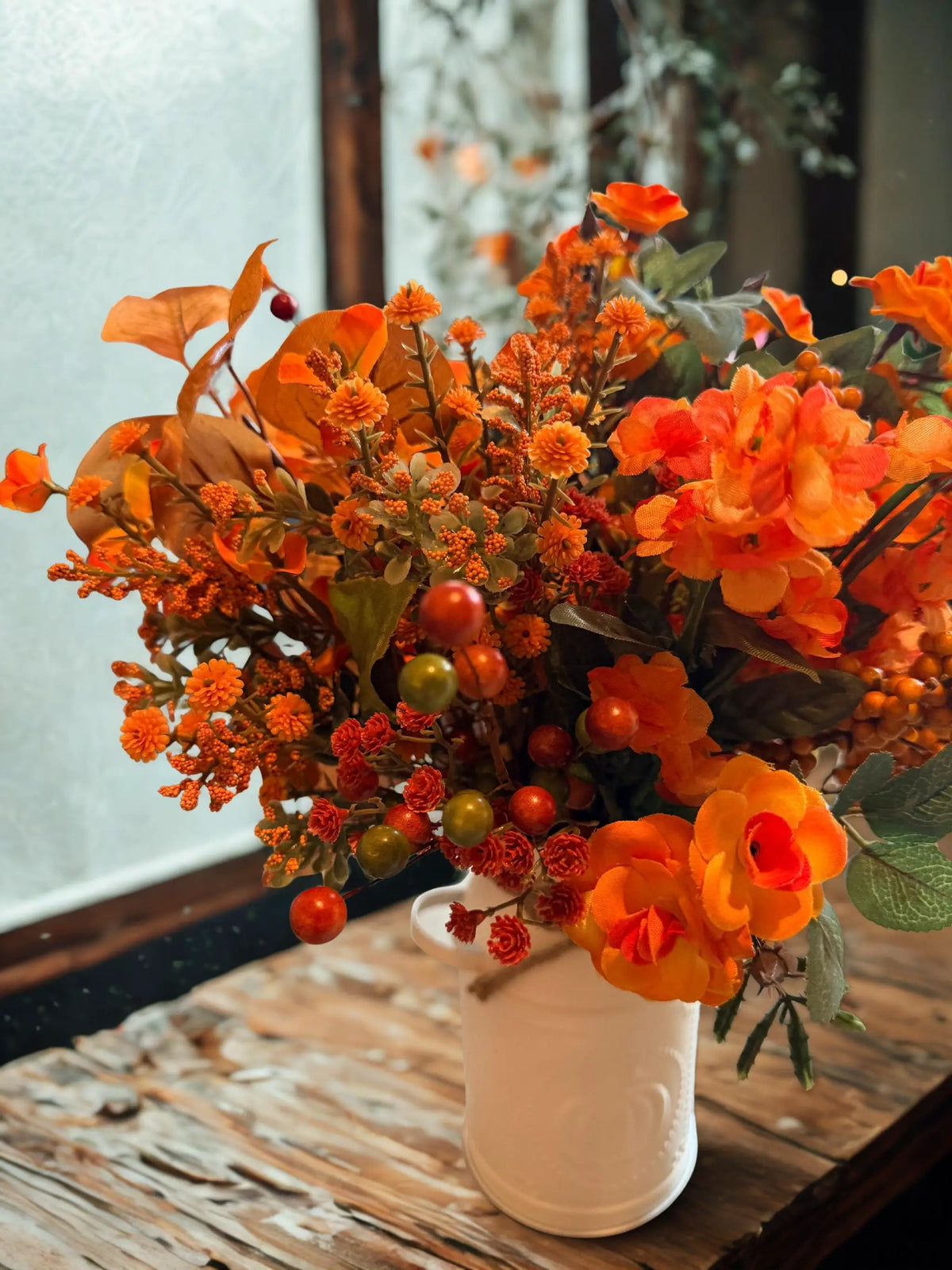 Fall Floral Arrangement in Cream Pumpkin Milk Can Vase