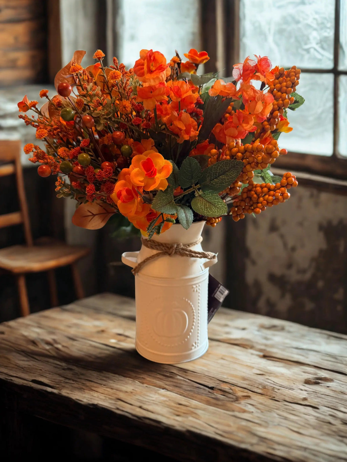Fall Floral Arrangement in Cream Pumpkin Milk Can Vase
