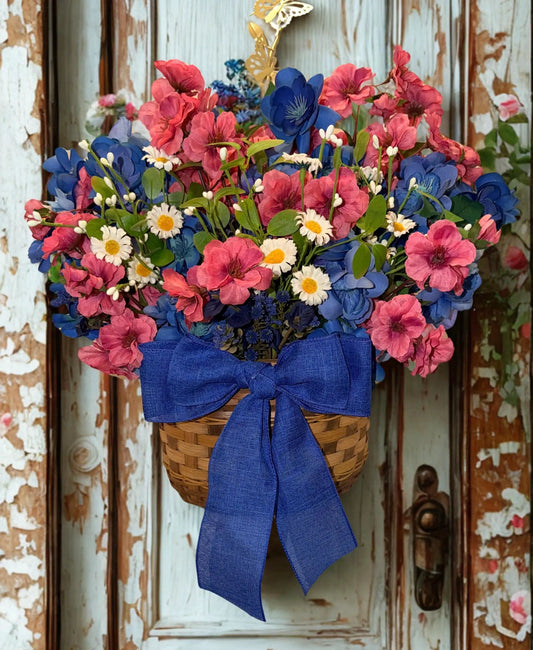Spring Wildflower Door Basket — Blue & Pink Floral