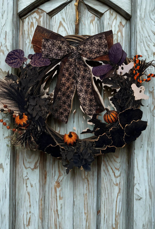 Gothic Halloween Wreath — Black, Purple & Orange Glitter