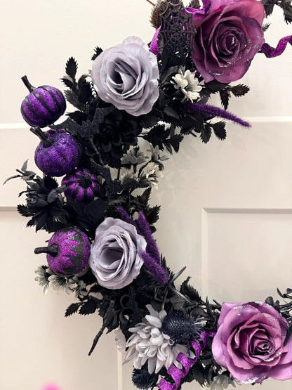 Purple & Black Crescent Moon Halloween Wreath