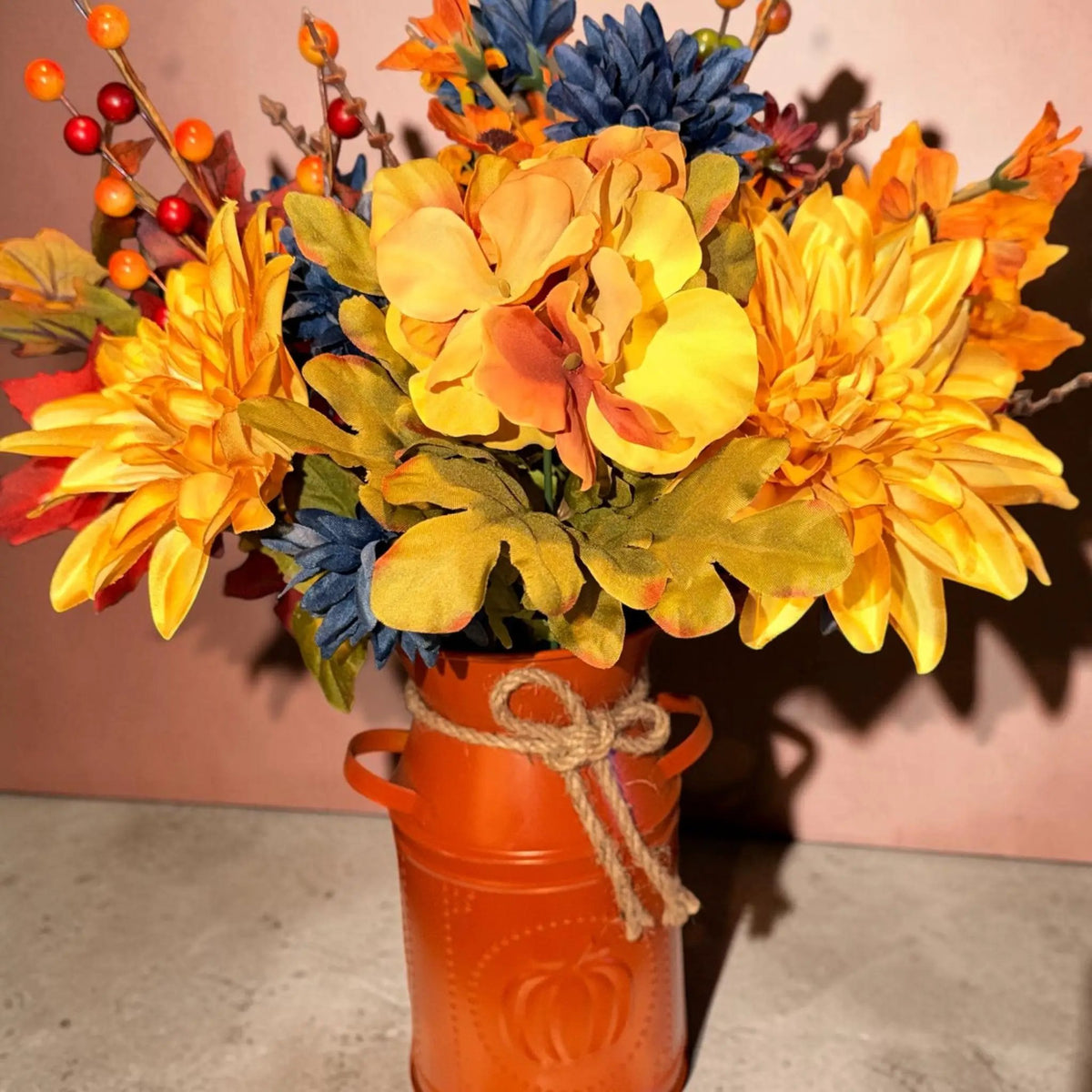 Fall Floral Arrangement in Orange Pumpkin Milk Can Vase