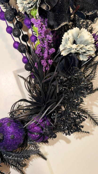Limited Edition Spooky Halloween Wreath — Black, Purple & Skeleton Accents