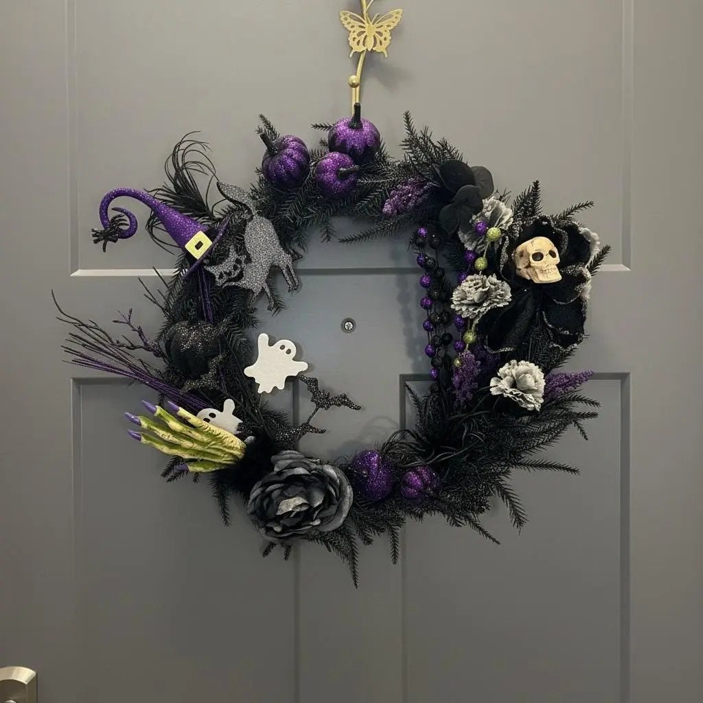 Limited Edition Spooky Halloween Wreath — Black, Purple & Skeleton Accents