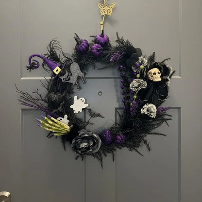 Limited Edition Spooky Halloween Wreath — Black, Purple & Skeleton Accents