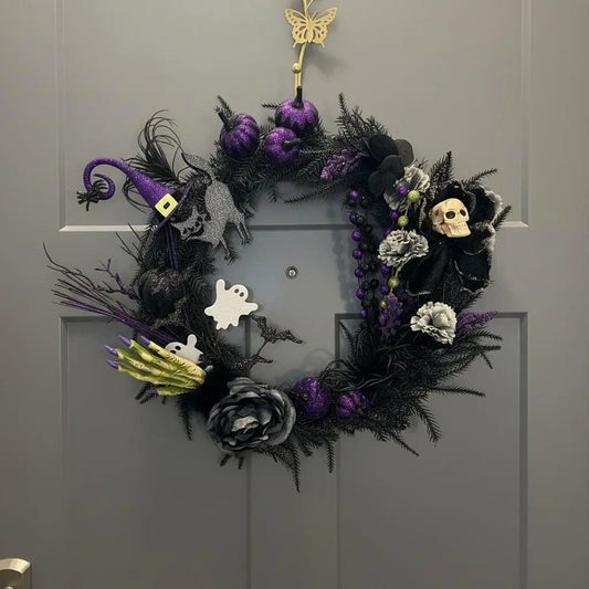 Limited Edition Spooky Halloween Wreath — Black, Purple & Skeleton Accents