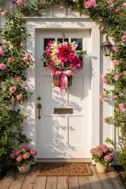 Handmade magenta dahlia and cream orchid silk floral hanging basket on exterior front door