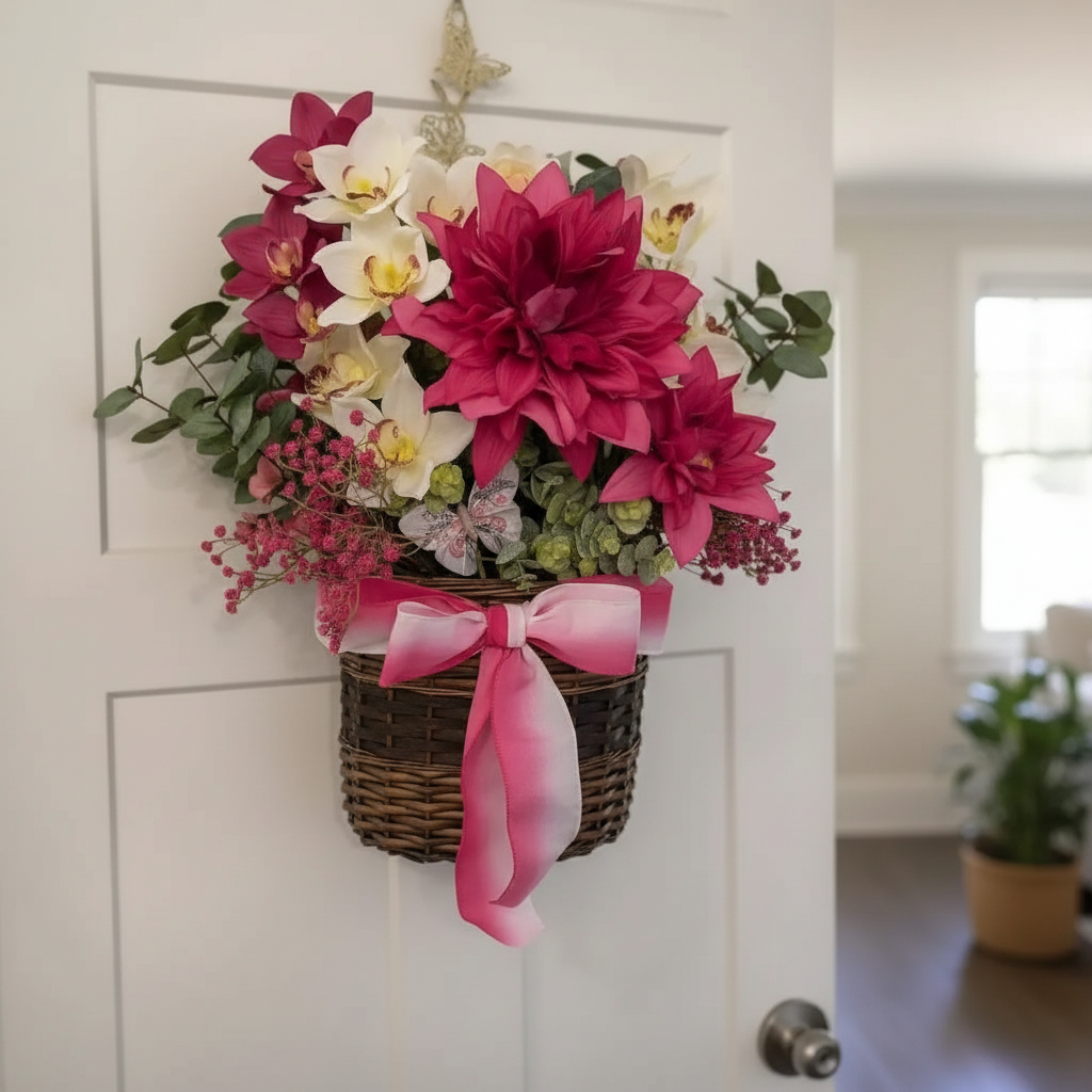 Handmade magenta dahlia and cream orchid silk floral hanging basket, close-up detail