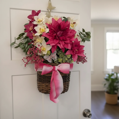 Handmade magenta dahlia and cream orchid silk floral hanging basket, close-up detail