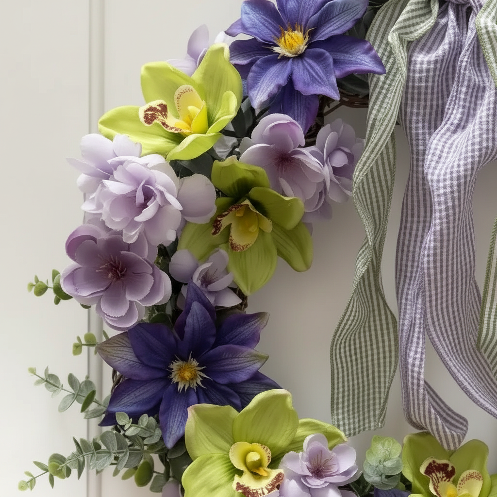 Purple, lavender and green orchid silk floral wreath with butterfly accent, close-up detail