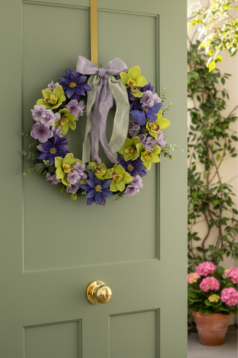 Purple, lavender and green orchid silk floral wreath with butterfly accent on front door exterior