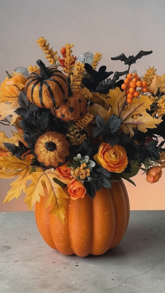 Tulu Prints Faux Orange Black Halloween Pumpkin Floral Centerpiece Vase